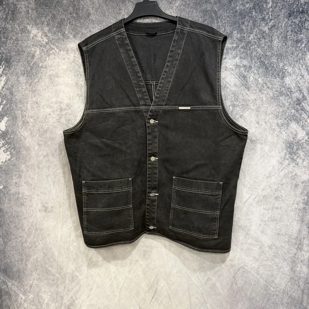 Sunrider Men's Black Denim Utility Vest Button Front Workwear Pockets Western